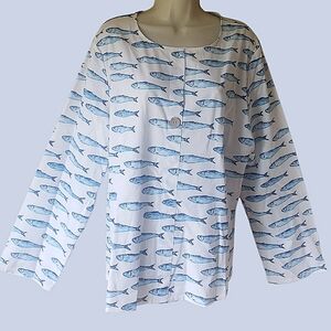 Women's plus-size, long-sleeve, blue & white fish print blouse, 2XL, NWT